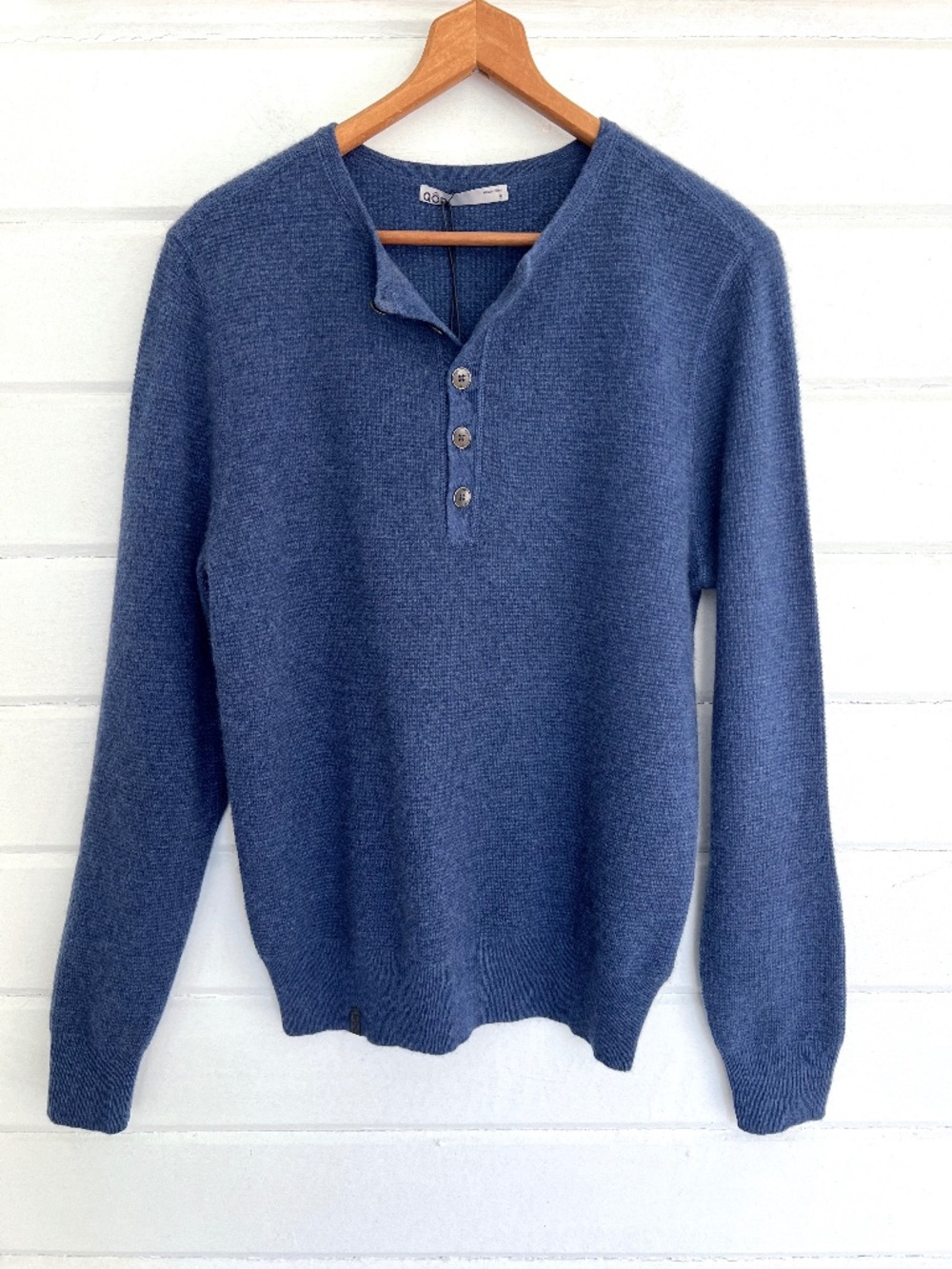 QOR 100% Cashmere Waffleknit Henley in Blue - NWT - S